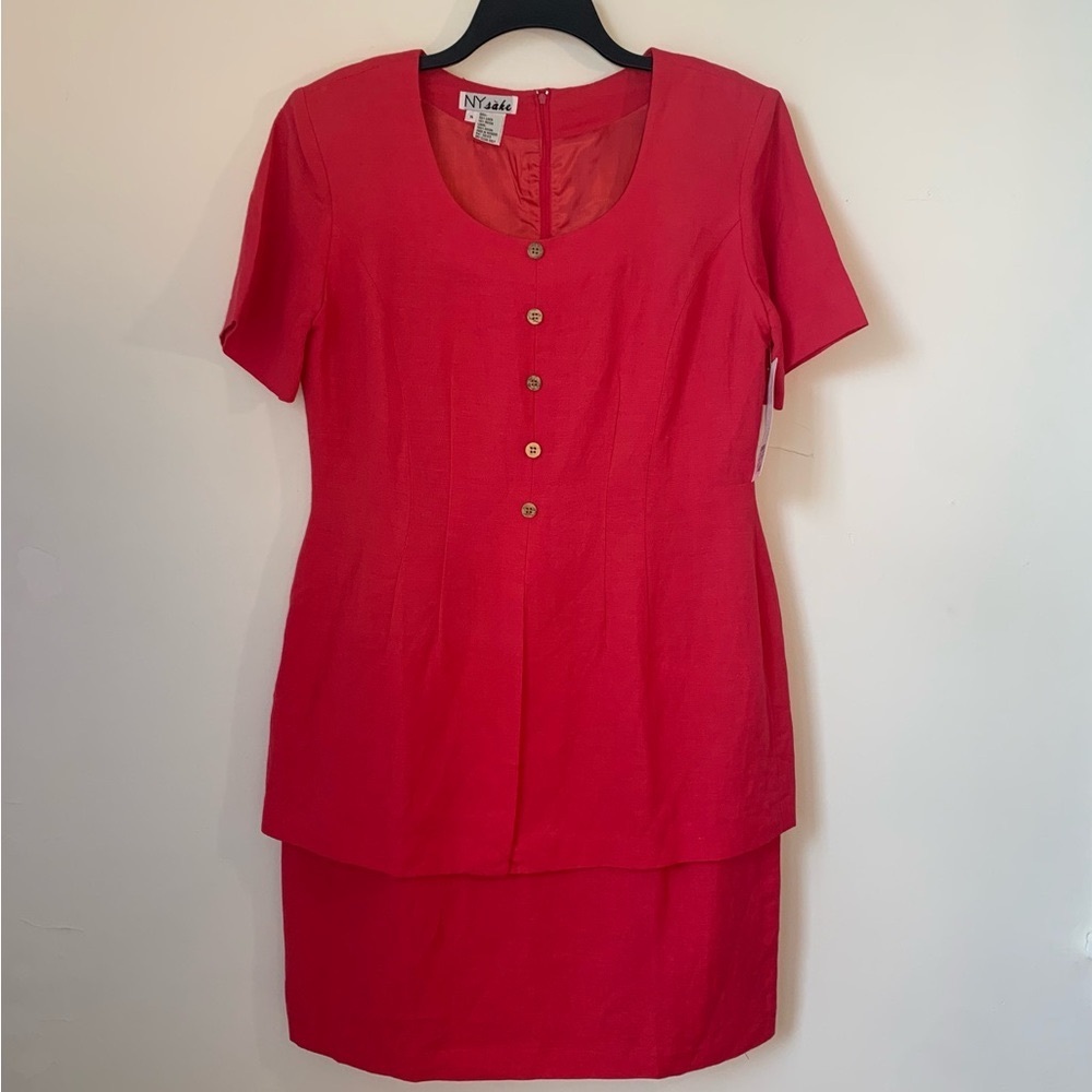 Vintage 80s Pink Linen Blend Power Suit Dress Size 14